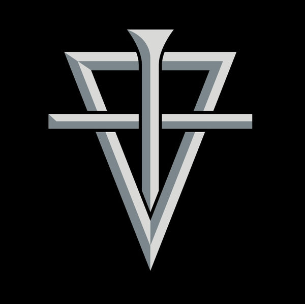 A sharp, geometric logo for Vigilant Threads featuring a bold, metallic triangular design with intersecting lines on a black background, representing strength and precision.